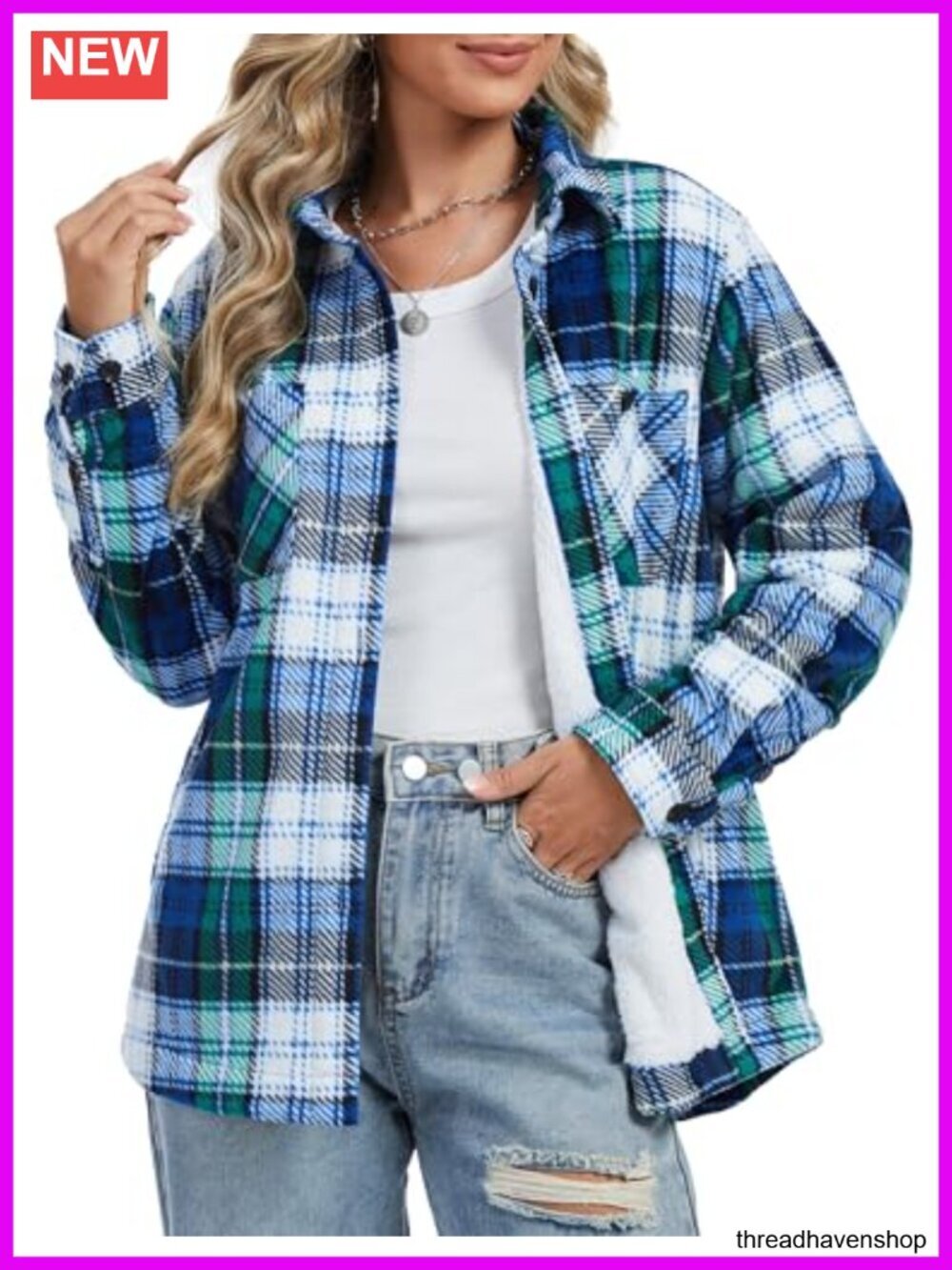 Womens Flannel Plaid Sherpa Fleece Lined Jacket with Pockets